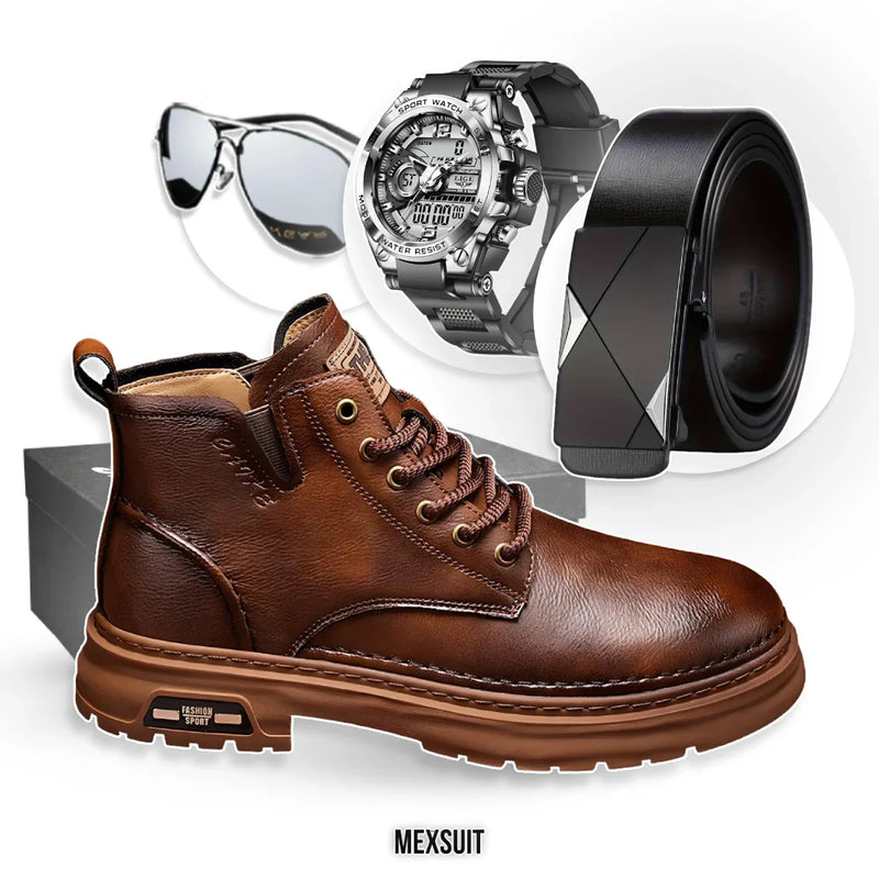 Bota Vintage West Masculina de Couro Genuíno + 3 BRINDES: Relógio, Óculos e Cinto Elegancy