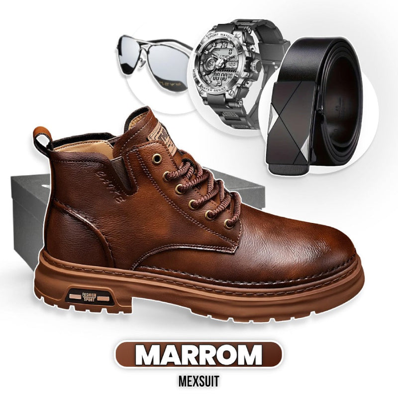 Bota Vintage West Masculina de Couro Genuíno + 3 BRINDES: Relógio, Óculos e Cinto Elegancy