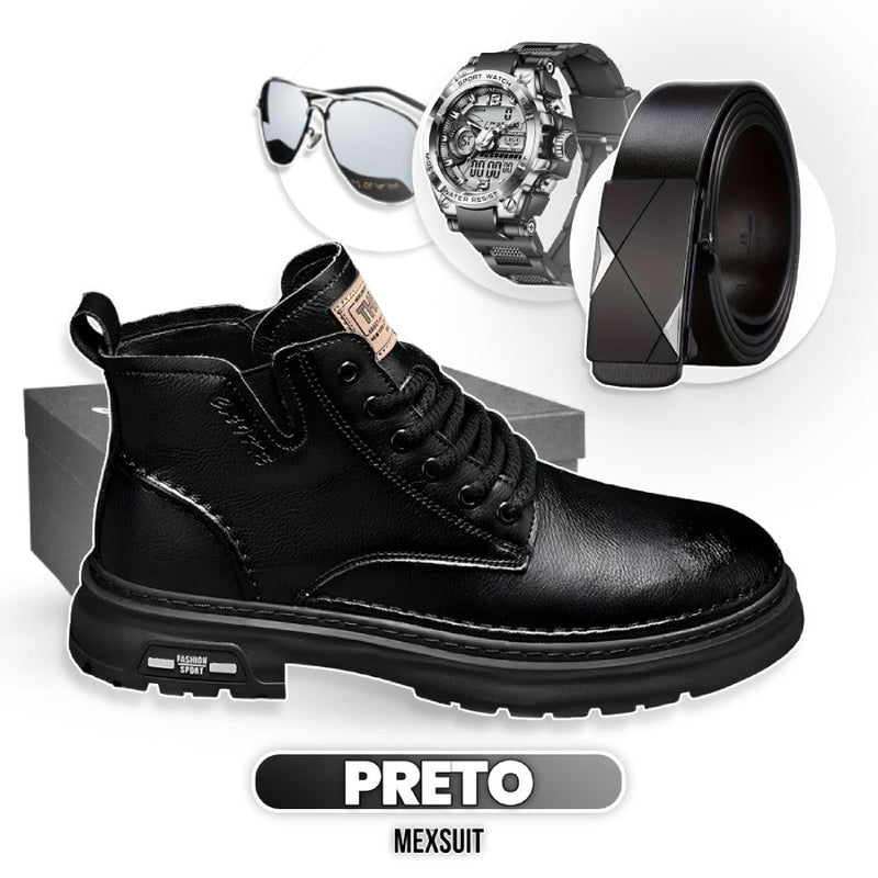 Bota Vintage West Masculina de Couro Genuíno + 3 BRINDES: Relógio, Óculos e Cinto Elegancy